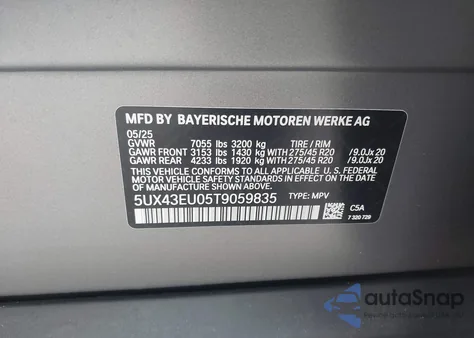 2026 BMW X5 Phev xDrive50E z USA, uszkodzony, nr VIN 5UX43EU05T9059835